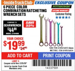 Harbor Freight ITC Coupon 6 PIECE COLOR COMBINATION RATCHETING WRENCH SETS Lot No. 66053/66054 Expired: 2/25/20 - $19.99