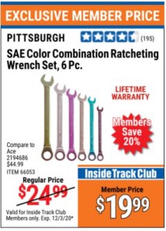 Harbor Freight ITC Coupon 6 PIECE COLOR COMBINATION RATCHETING WRENCH SETS Lot No. 66053/66054 Expired: 12/3/20 - $19.99