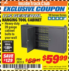 Harbor Freight ITC Coupon U.S. GENERAL HANGING TOOL CABINET Lot No. 39213 Expired: 1/31/20 - $59.99