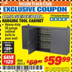 Harbor Freight ITC Coupon HANGING TOOL CABINET Lot No. 39213 Expired: 4/30/20 - $59.99