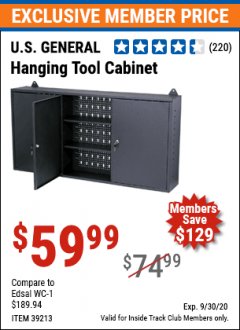 Harbor Freight ITC Coupon U.S. GENERAL HANGING TOOL CABINET Lot No. 39213 Expired: 9/30/20 - $59.99