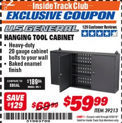 Harbor Freight ITC Coupon U.S. GENERAL HANGING TOOL CABINET Lot No. 39213 Expired: 9/30/19 - $59.99
