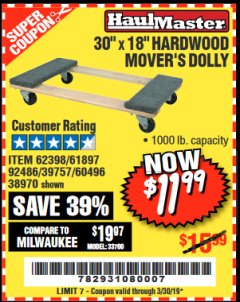 Harbor Freight Coupon 1000 LB. CAPACITY MOVER'S DOLLY Lot No. 38970/61897 Expired: 3/30/19 - $11.99