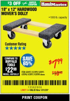 Harbor Freight Coupon 1000 LB. CAPACITY MOVER'S DOLLY Lot No. 38970/61897 Expired: 1/31/20 - $7.99
