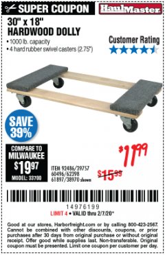 Harbor Freight Coupon 1000 LB. CAPACITY MOVER'S DOLLY Lot No. 38970/61897 Expired: 2/7/20 - $11.99