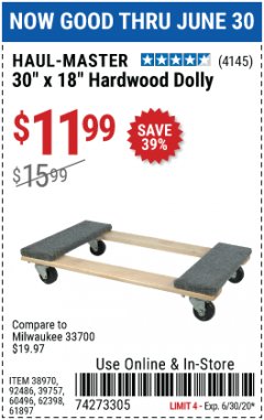 Harbor Freight Coupon 1000 LB. CAPACITY MOVER'S DOLLY Lot No. 38970/61897 Expired: 4/30/20 - $11.99