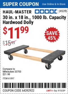 Harbor Freight Coupon 1000 LB. CAPACITY MOVER'S DOLLY Lot No. 38970/61897 Expired: 9/30/20 - $11.99