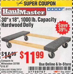 Harbor Freight Coupon 1000 LB. CAPACITY MOVER'S DOLLY Lot No. 38970/61897 Expired: 3/2/21 - $11.99
