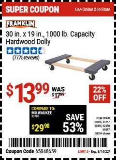 Harbor Freight Coupon 1000 LB. CAPACITY MOVER'S DOLLY Lot No. 38970/61897 Expired: 8/14/22 - $13.99