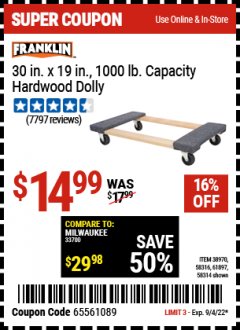 Harbor Freight Coupon 1000 LB. CAPACITY MOVER'S DOLLY Lot No. 38970/61897 Expired: 9/4/22 - $14.99