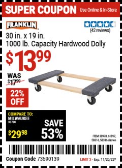 Harbor Freight Coupon 1000 LB. CAPACITY MOVER'S DOLLY Lot No. 38970/61897 Expired: 11/20/22 - $13.99