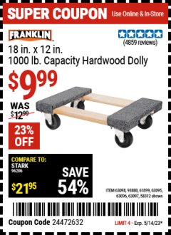 Harbor Freight Coupon 1000 LB. CAPACITY MOVER'S DOLLY Lot No. 38970/61897 Expired: 5/14/23 - $9.99