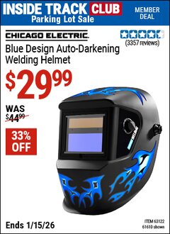 Harbor Freight ITC Coupon CHICAGO ELECTRIC BLUE DESIGN AUTO-DARKENING WELDING HELMET Lot No. 61610/63122 Expired: 1/15/26 - $29.99