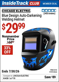 Harbor Freight ITC Coupon CHICAGO ELECTRIC BLUE DESIGN AUTO-DARKENING WELDING HELMET Lot No. 61610/63122 Valid Thru: 7/30/26 - $29.99