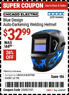Harbor Freight Coupon CHICAGO ELECTRIC BLUE DESIGN AUTO-DARKENING WELDING HELMET Lot No. 61610/63122 Valid Thru: 4/26/26 - $32.99