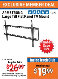 Harbor Freight ITC Coupon ARMSTRONG 37 IN. TO 70 IN. LARGE TILT FLAT PANEL TV MOUNT Lot No. 64356 Expired: 3/25/21 - $19.99