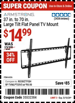 Harbor Freight Coupon ARMSTRONG 37 IN. TO 70 IN. LARGE TILT FLAT PANEL TV MOUNT Lot No. 64356 Valid Thru: 5/10/26 - $14.99