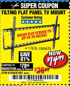 Harbor Freight Coupon ARMSTRONG 37 IN. TO 70 IN. LARGE TILT FLAT PANEL TV MOUNT Lot No. 64356 Expired: 8/10/18 - $14.99