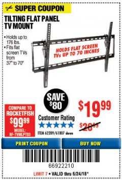 Harbor Freight Coupon ARMSTRONG 37 IN. TO 70 IN. LARGE TILT FLAT PANEL TV MOUNT Lot No. 64356 Expired: 6/24/18 - $19.99