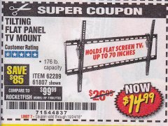 Harbor Freight Coupon ARMSTRONG 37 IN. TO 70 IN. LARGE TILT FLAT PANEL TV MOUNT Lot No. 64356 Expired: 10/24/18 - $14.99