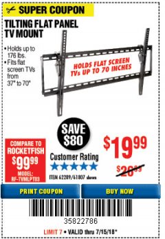 Harbor Freight Coupon ARMSTRONG 37 IN. TO 70 IN. LARGE TILT FLAT PANEL TV MOUNT Lot No. 64356 Expired: 7/15/18 - $19.99