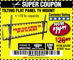 Harbor Freight Coupon ARMSTRONG 37 IN. TO 70 IN. LARGE TILT FLAT PANEL TV MOUNT Lot No. 64356 Expired: 11/3/18 - $14.99