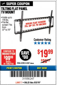 Harbor Freight Coupon ARMSTRONG 37 IN. TO 70 IN. LARGE TILT FLAT PANEL TV MOUNT Lot No. 64356 Expired: 8/5/18 - $19.99