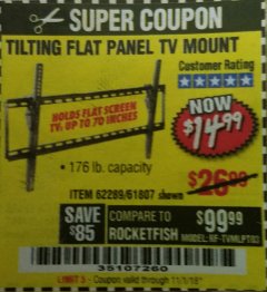 Harbor Freight Coupon ARMSTRONG 37 IN. TO 70 IN. LARGE TILT FLAT PANEL TV MOUNT Lot No. 64356 Expired: 11/1/18 - $14.99