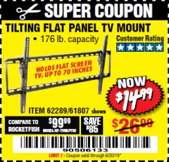 Harbor Freight Coupon ARMSTRONG 37 IN. TO 70 IN. LARGE TILT FLAT PANEL TV MOUNT Lot No. 64356 Expired: 6/30/19 - $14.99