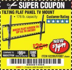 Harbor Freight Coupon ARMSTRONG 37 IN. TO 70 IN. LARGE TILT FLAT PANEL TV MOUNT Lot No. 64356 Expired: 11/3/18 - $14.99