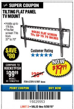 Harbor Freight Coupon ARMSTRONG 37 IN. TO 70 IN. LARGE TILT FLAT PANEL TV MOUNT Lot No. 64356 Expired: 9/30/18 - $19.99