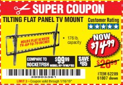 Harbor Freight Coupon ARMSTRONG 37 IN. TO 70 IN. LARGE TILT FLAT PANEL TV MOUNT Lot No. 64356 Expired: 1/16/19 - $14.99
