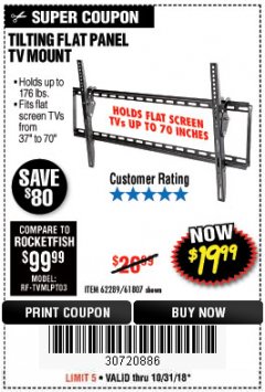 Harbor Freight Coupon ARMSTRONG 37 IN. TO 70 IN. LARGE TILT FLAT PANEL TV MOUNT Lot No. 64356 Expired: 10/31/18 - $19.99