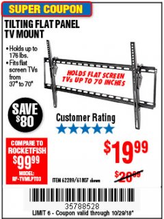 Harbor Freight Coupon ARMSTRONG 37 IN. TO 70 IN. LARGE TILT FLAT PANEL TV MOUNT Lot No. 64356 Expired: 10/29/18 - $19.99