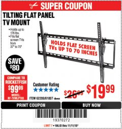Harbor Freight Coupon ARMSTRONG 37 IN. TO 70 IN. LARGE TILT FLAT PANEL TV MOUNT Lot No. 64356 Expired: 11/11/18 - $19.99