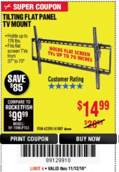 Harbor Freight Coupon ARMSTRONG 37 IN. TO 70 IN. LARGE TILT FLAT PANEL TV MOUNT Lot No. 64356 Expired: 11/18/18 - $14.99