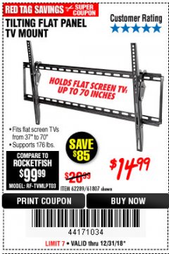 Harbor Freight Coupon ARMSTRONG 37 IN. TO 70 IN. LARGE TILT FLAT PANEL TV MOUNT Lot No. 64356 Expired: 12/31/18 - $14.99