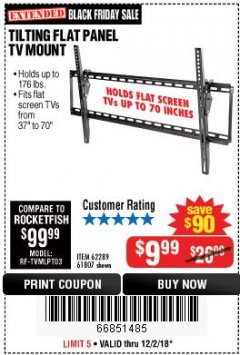 Harbor Freight Coupon ARMSTRONG 37 IN. TO 70 IN. LARGE TILT FLAT PANEL TV MOUNT Lot No. 64356 Expired: 12/2/18 - $9.99