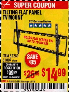 Harbor Freight Coupon ARMSTRONG 37 IN. TO 70 IN. LARGE TILT FLAT PANEL TV MOUNT Lot No. 64356 Expired: 1/1/19 - $14.99