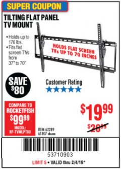 Harbor Freight Coupon ARMSTRONG 37 IN. TO 70 IN. LARGE TILT FLAT PANEL TV MOUNT Lot No. 64356 Expired: 2/4/19 - $19.99