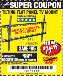 Harbor Freight Coupon ARMSTRONG 37 IN. TO 70 IN. LARGE TILT FLAT PANEL TV MOUNT Lot No. 64356 Expired: 5/31/19 - $14.99