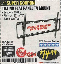 Harbor Freight Coupon ARMSTRONG 37 IN. TO 70 IN. LARGE TILT FLAT PANEL TV MOUNT Lot No. 64356 Expired: 4/30/19 - $14.99