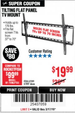 Harbor Freight Coupon ARMSTRONG 37 IN. TO 70 IN. LARGE TILT FLAT PANEL TV MOUNT Lot No. 64356 Expired: 3/17/19 - $19.99