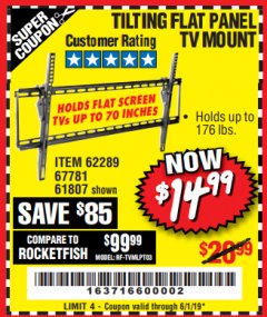 Harbor Freight Coupon ARMSTRONG 37 IN. TO 70 IN. LARGE TILT FLAT PANEL TV MOUNT Lot No. 64356 Expired: 6/1/19 - $14.99