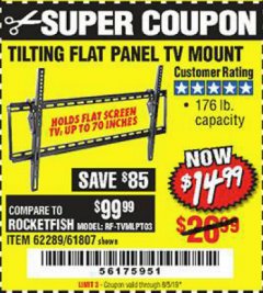 Harbor Freight Coupon ARMSTRONG 37 IN. TO 70 IN. LARGE TILT FLAT PANEL TV MOUNT Lot No. 64356 Expired: 8/5/19 - $14.99