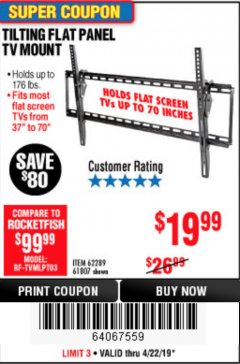 Harbor Freight Coupon ARMSTRONG 37 IN. TO 70 IN. LARGE TILT FLAT PANEL TV MOUNT Lot No. 64356 Expired: 4/23/19 - $19.99