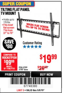 Harbor Freight Coupon ARMSTRONG 37 IN. TO 70 IN. LARGE TILT FLAT PANEL TV MOUNT Lot No. 64356 Expired: 5/6/19 - $19.99