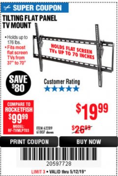 Harbor Freight Coupon ARMSTRONG 37 IN. TO 70 IN. LARGE TILT FLAT PANEL TV MOUNT Lot No. 64356 Expired: 5/12/19 - $19.99