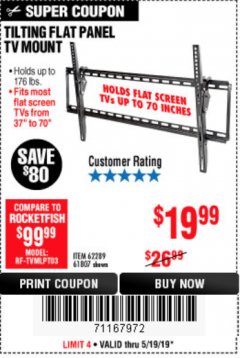 Harbor Freight Coupon ARMSTRONG 37 IN. TO 70 IN. LARGE TILT FLAT PANEL TV MOUNT Lot No. 64356 Expired: 5/19/19 - $19.99