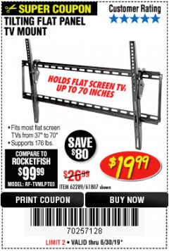Harbor Freight Coupon ARMSTRONG 37 IN. TO 70 IN. LARGE TILT FLAT PANEL TV MOUNT Lot No. 64356 Expired: 6/30/19 - $19.99